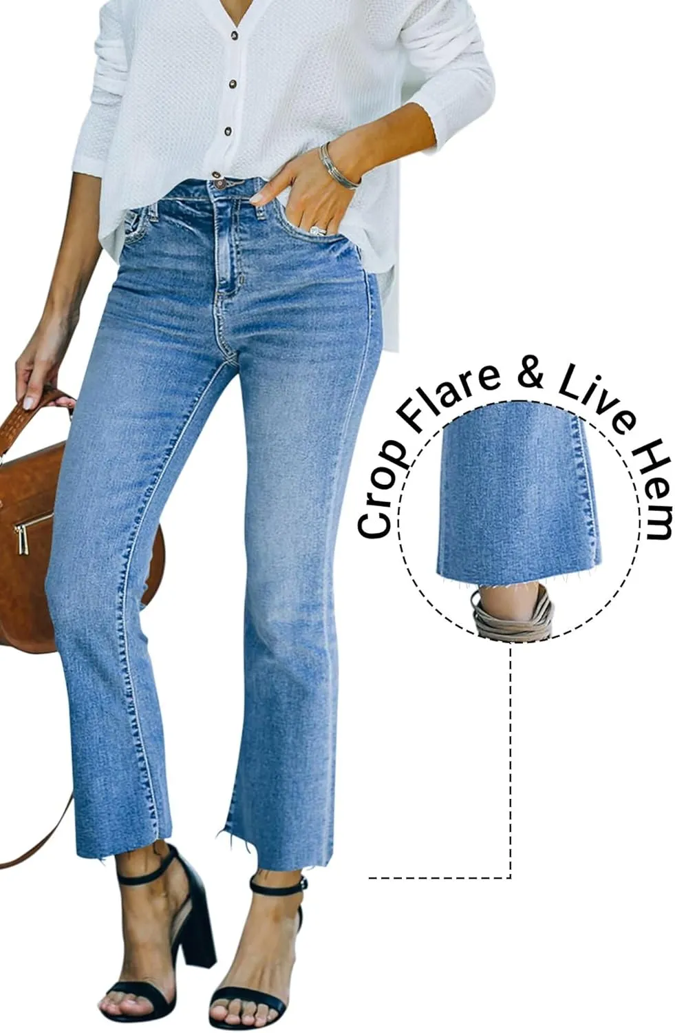Flare Jeans for Women Cropped Stretchy Mid Rise Bell Bottom Jeans Womens Crop Flare Jeans with Raw Hem