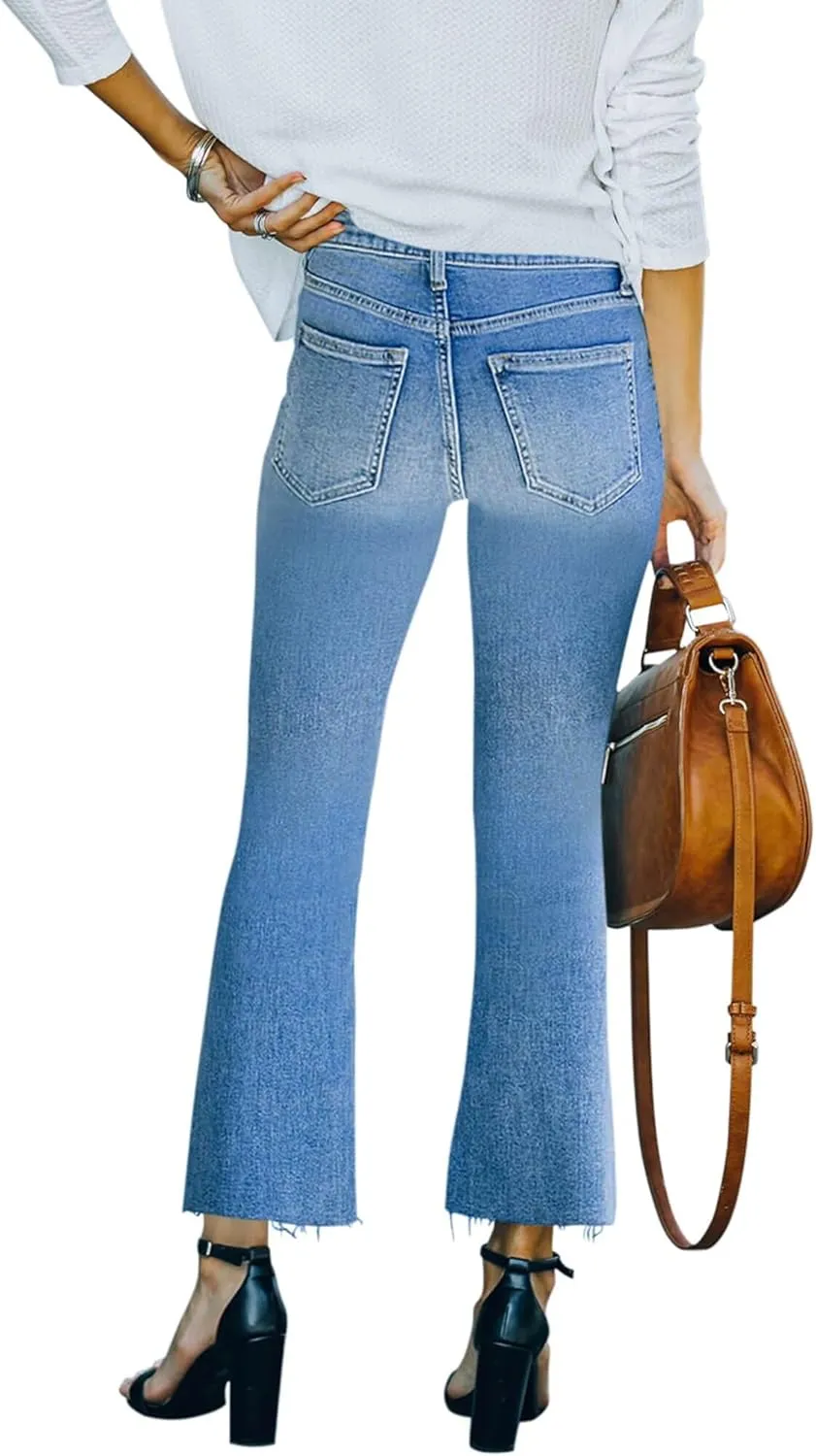 Flare Jeans for Women Cropped Stretchy Mid Rise Bell Bottom Jeans Womens Crop Flare Jeans with Raw Hem
