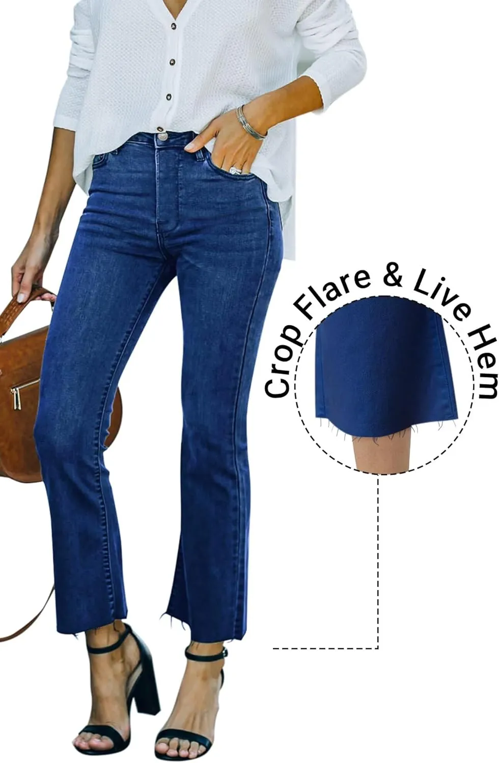 Flare Jeans for Women Cropped Stretchy Mid Rise Bell Bottom Jeans Womens Crop Flare Jeans with Raw Hem