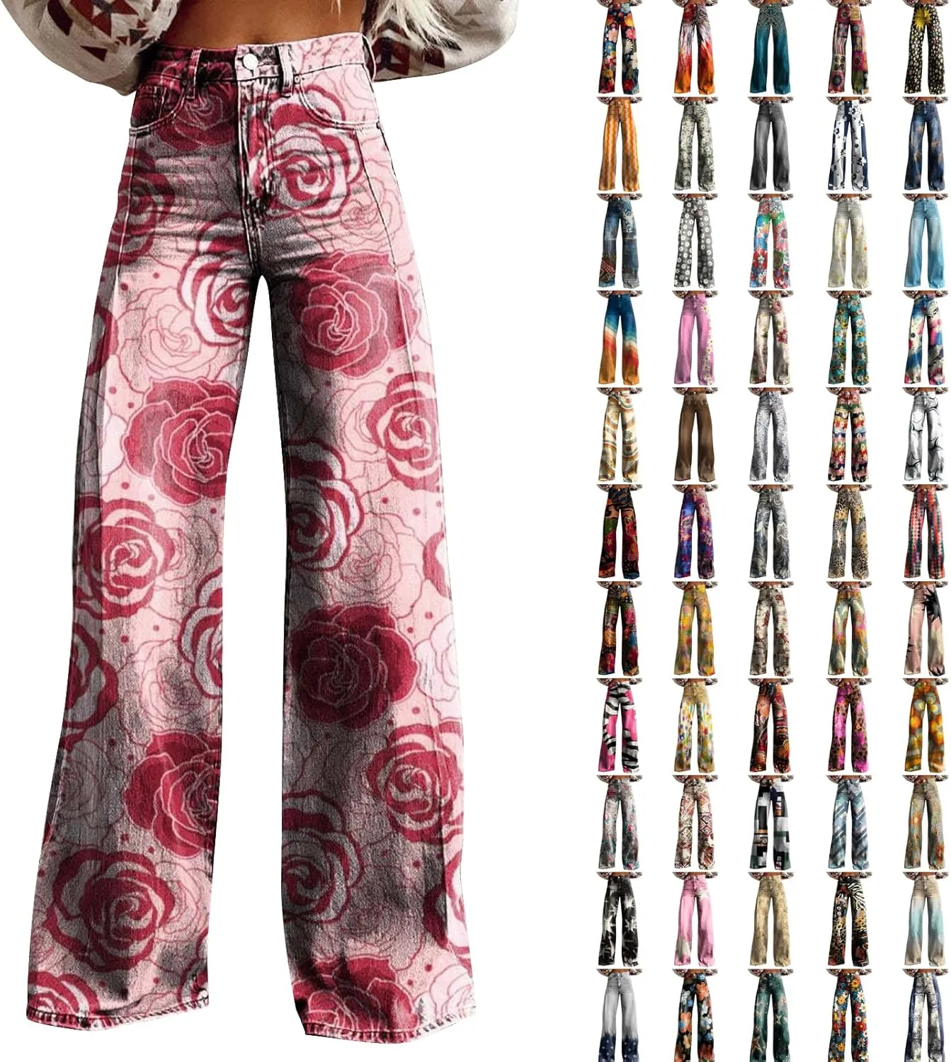 Flare Jeans for Women Flower Print Cute Trendy Wide Leg Baggy Pants High Waisted Flared Denim Trouser Vintage Jeans