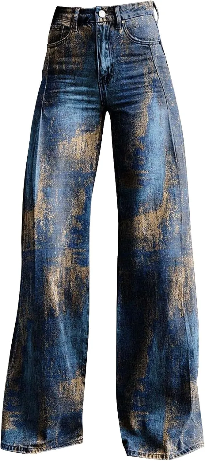 Flare Jeans for Women Flower Print Cute Trendy Wide Leg Baggy Pants High Waisted Flared Denim Trouser Vintage Jeans