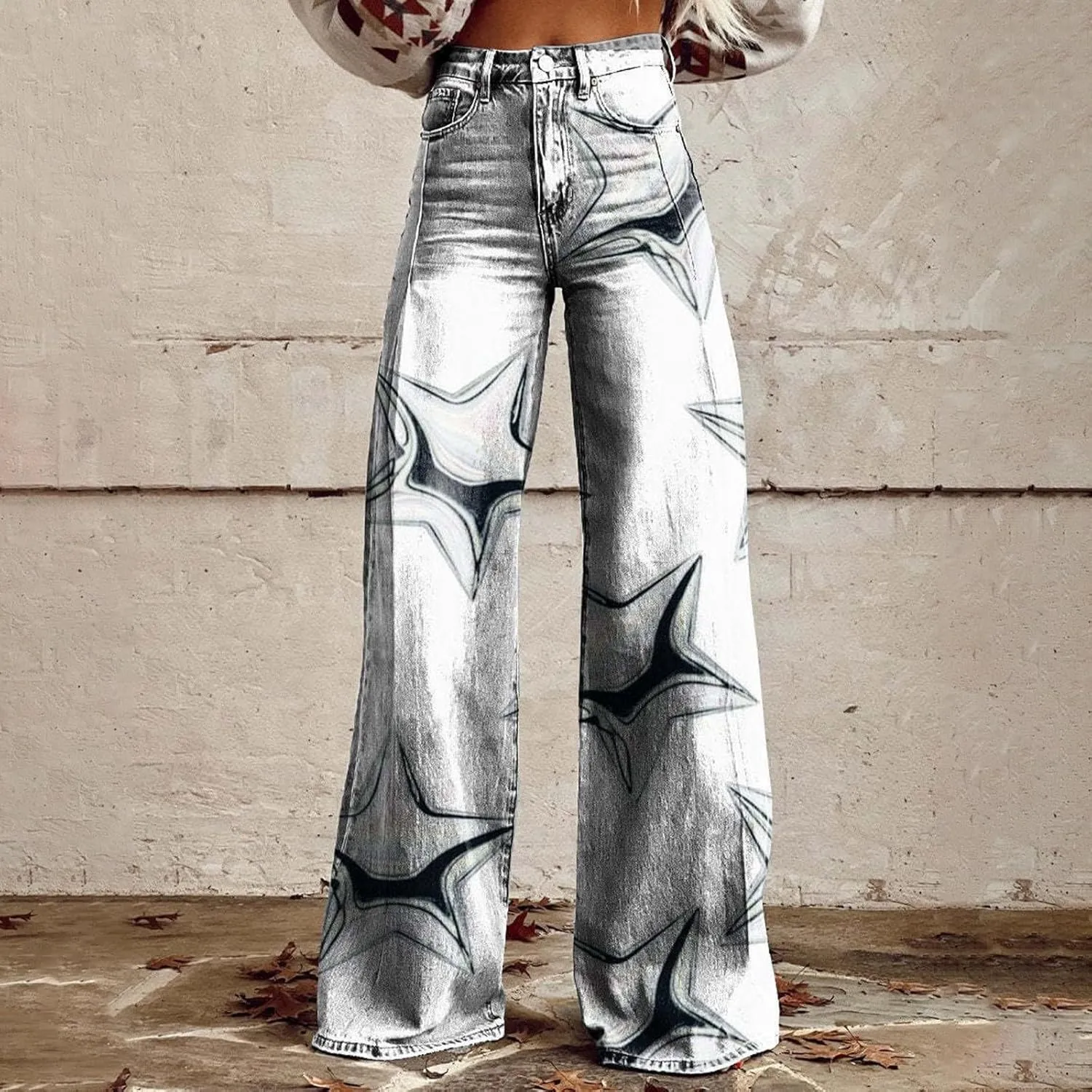 Flare Jeans for Women Flower Print Cute Trendy Wide Leg Baggy Pants High Waisted Flared Denim Trouser Vintage Jeans
