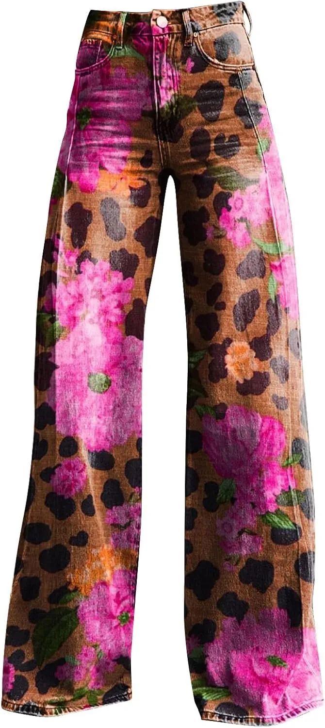 Flare Jeans for Women Flower Print Cute Trendy Wide Leg Baggy Pants High Waisted Flared Denim Trouser Vintage Jeans