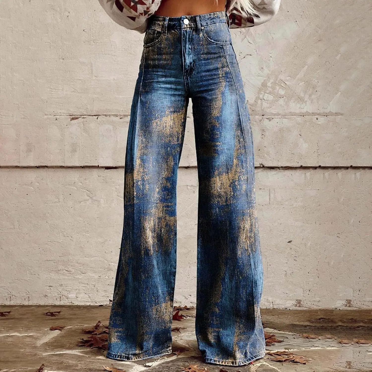 Flare Jeans for Women Flower Print Cute Trendy Wide Leg Baggy Pants High Waisted Flared Denim Trouser Vintage Jeans