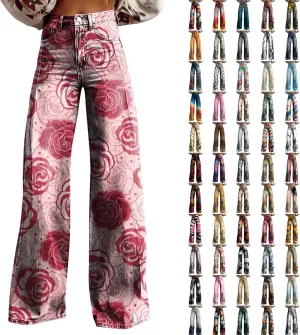 Flare Jeans for Women Flower Print Cute Trendy Wide Leg Baggy Pants High Waisted Flared Denim Trouser Vintage Jeans