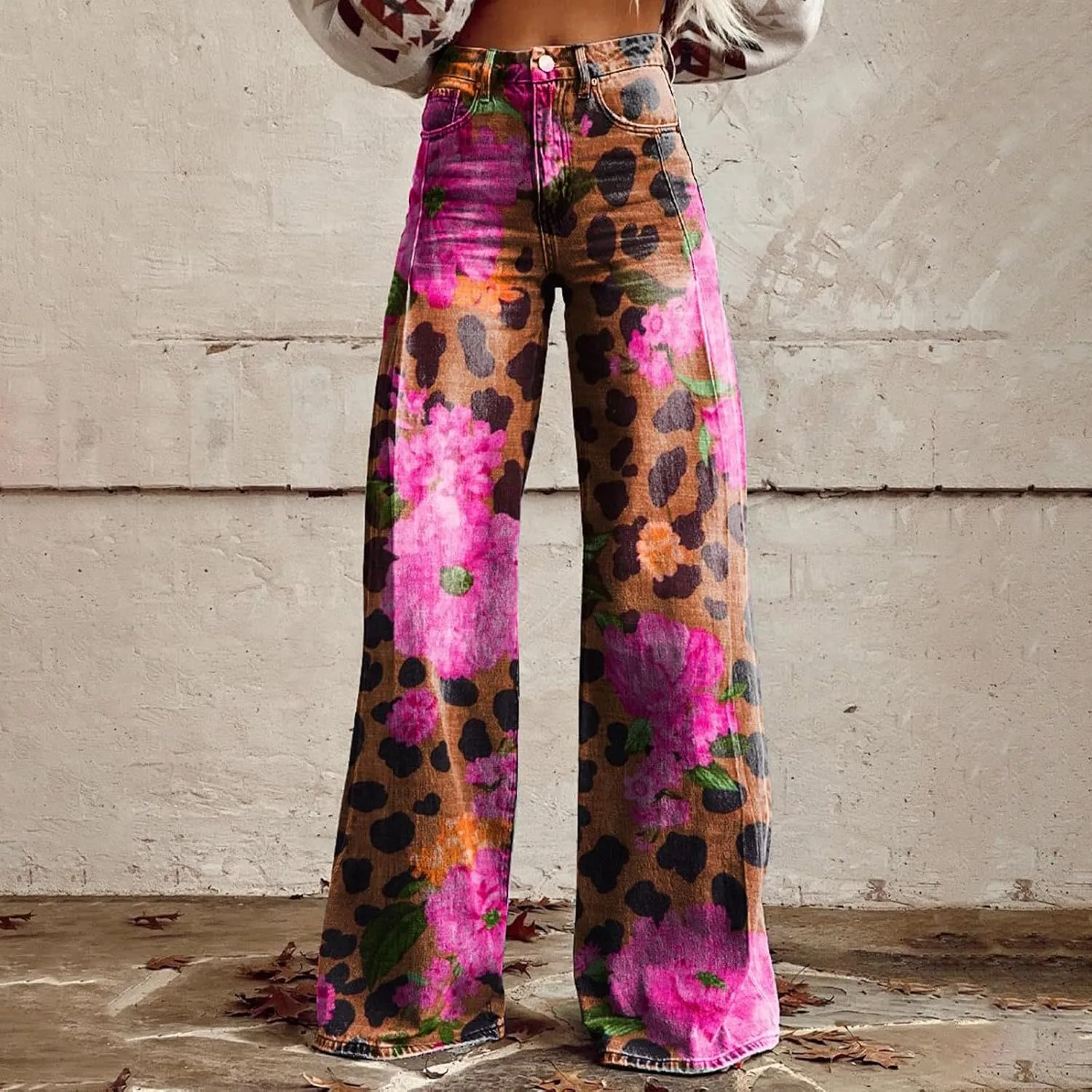 Flare Jeans for Women Flower Print Cute Trendy Wide Leg Baggy Pants High Waisted Flared Denim Trouser Vintage Jeans