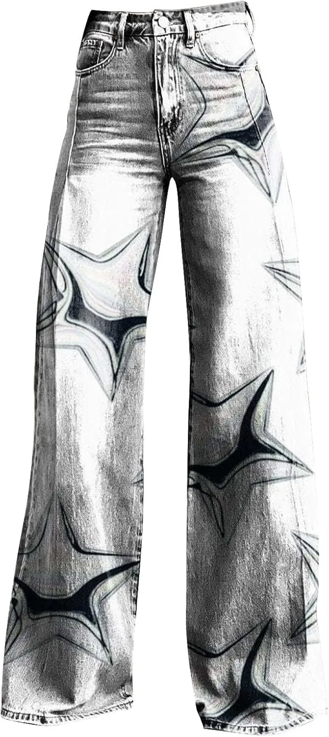 Flare Jeans for Women Flower Print Cute Trendy Wide Leg Baggy Pants High Waisted Flared Denim Trouser Vintage Jeans