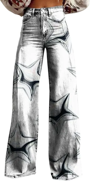 Flare Jeans for Women Flower Print Cute Trendy Wide Leg Baggy Pants High Waisted Flared Denim Trouser Vintage Jeans