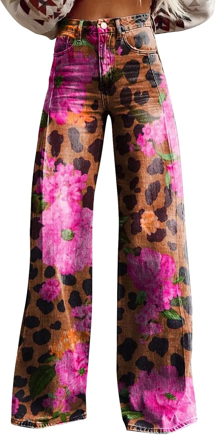Flare Jeans for Women Flower Print Cute Trendy Wide Leg Baggy Pants High Waisted Flared Denim Trouser Vintage Jeans