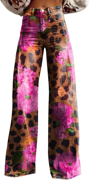 Flare Jeans for Women Flower Print Cute Trendy Wide Leg Baggy Pants High Waisted Flared Denim Trouser Vintage Jeans