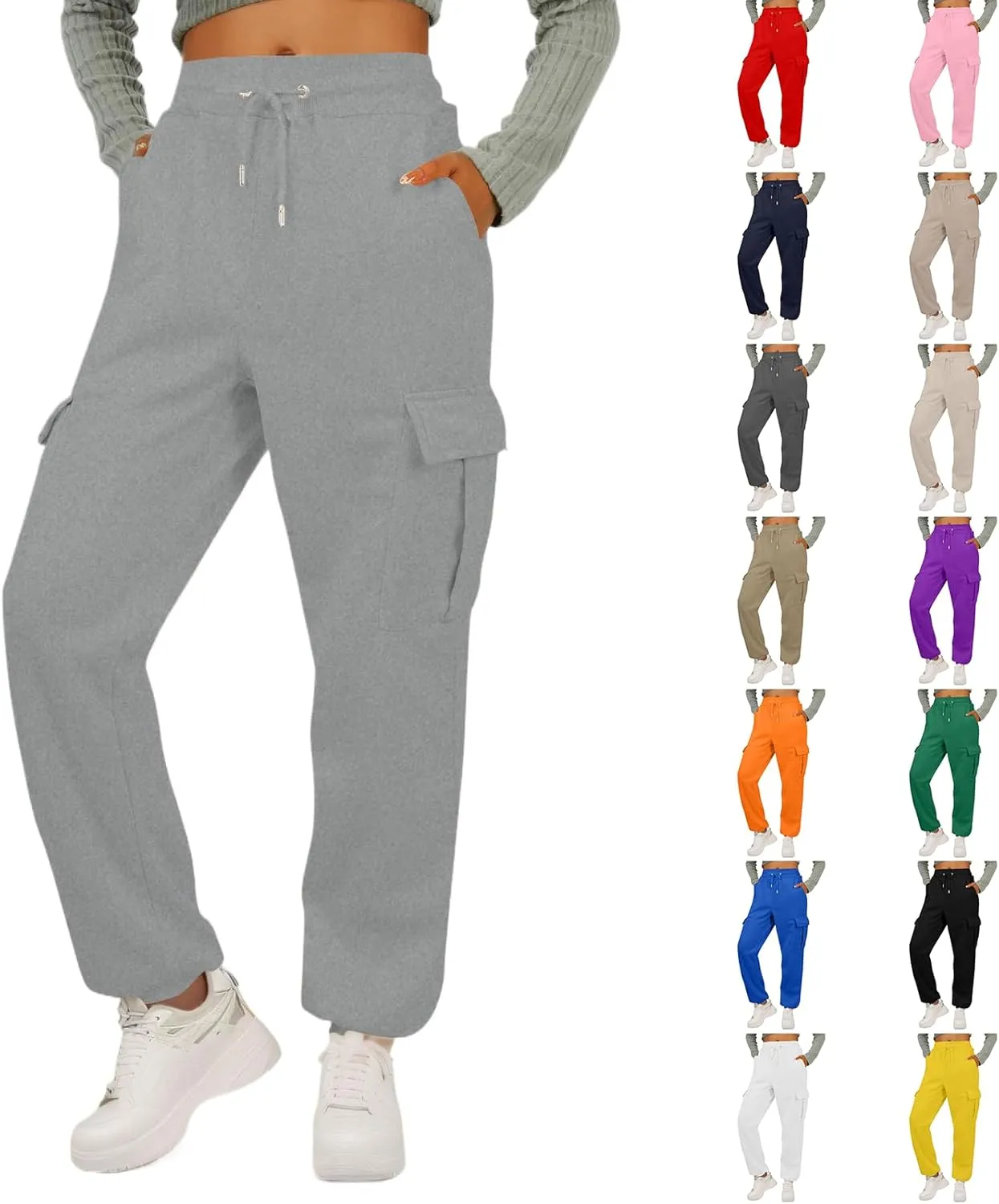 Fleece Cargo Joggers for Women Baggy Elastic High Waisted Sweatpants Casual Lounge Jogger Pull on Ankle Athletic Pants