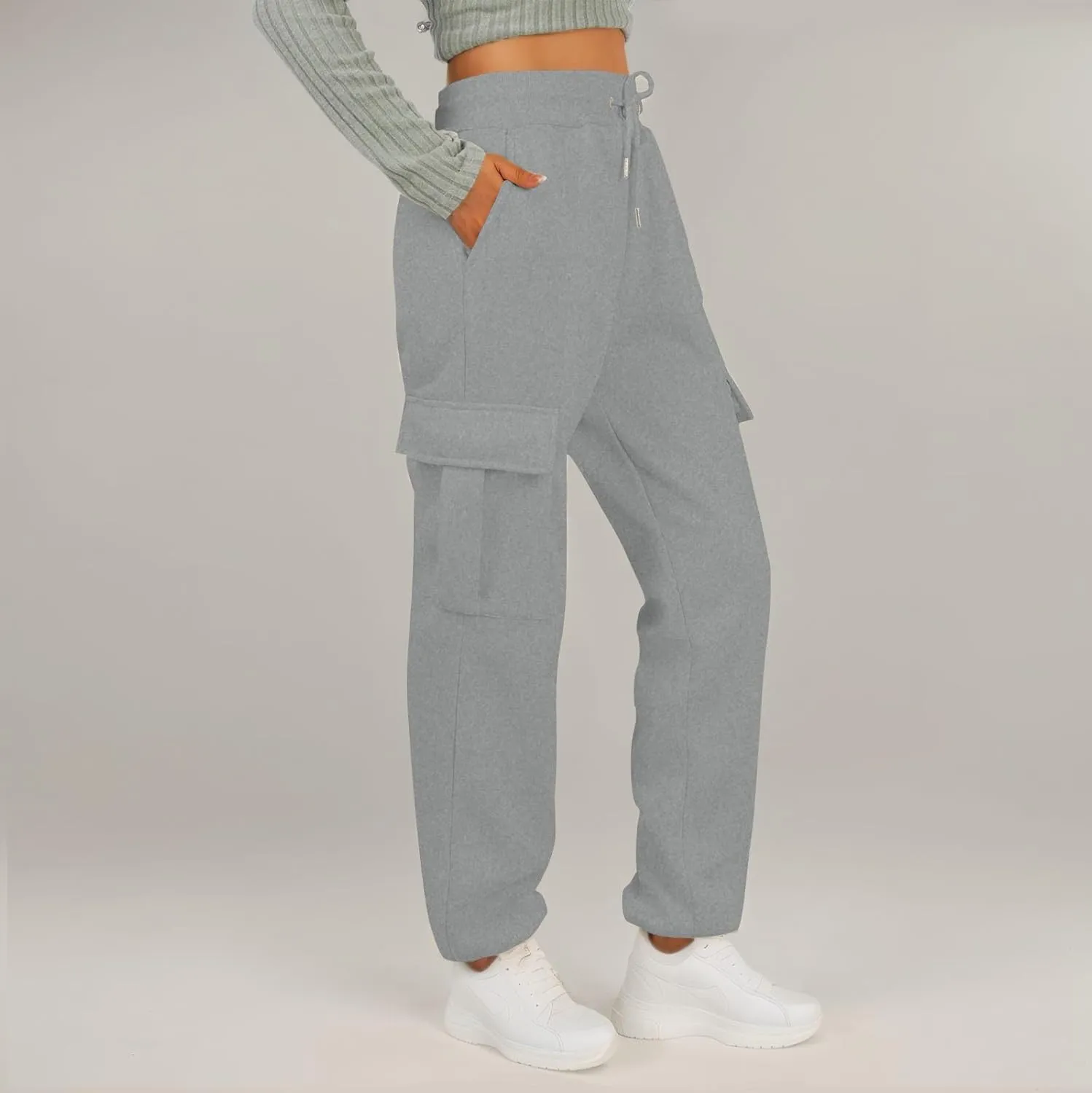 Fleece Cargo Joggers for Women Baggy Elastic High Waisted Sweatpants Casual Lounge Jogger Pull on Ankle Athletic Pants