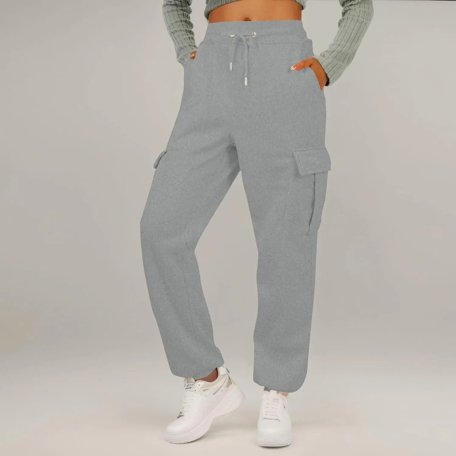 Fleece Cargo Joggers for Women Baggy Elastic High Waisted Sweatpants Casual Lounge Jogger Pull on Ankle Athletic Pants