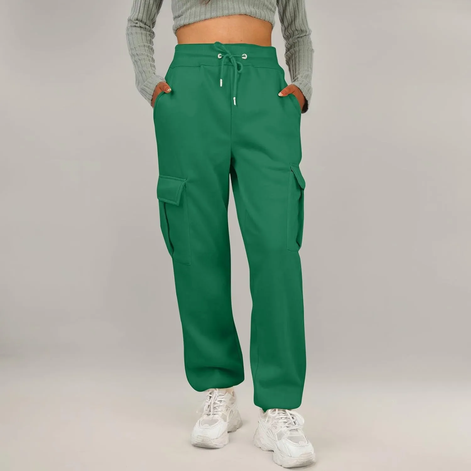 Fleece Cargo Sweatpants for Women Baggy Elastic High Waisted Joggers Casual Lounge Jogger Pull on Ankle Athletic Pants