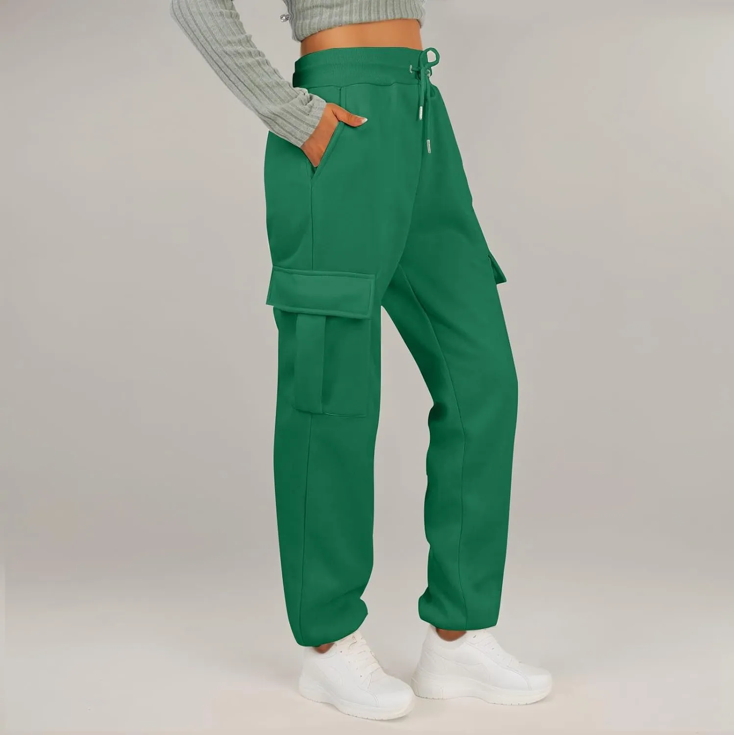 Fleece Cargo Sweatpants for Women Baggy Elastic High Waisted Joggers Casual Lounge Jogger Pull on Ankle Athletic Pants