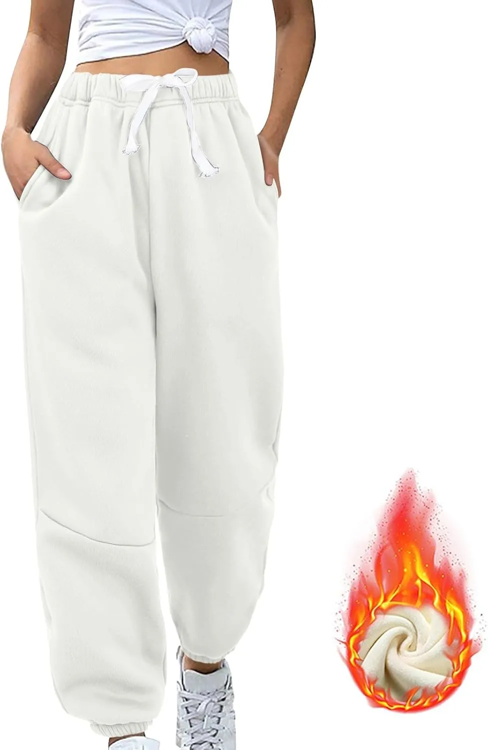 Fleece Lined Sweatpants Sherpa Cargo Pants Thermal High Waisted Joggers Cinch Bottom Drawstring Trousers with Pockets