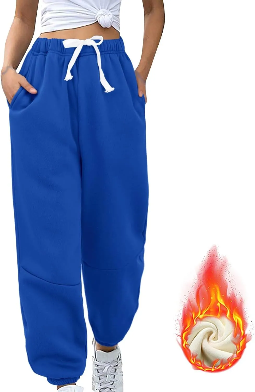 Fleece Lined Sweatpants Sherpa Cargo Pants Thermal High Waisted Joggers Cinch Bottom Drawstring Trousers with Pockets