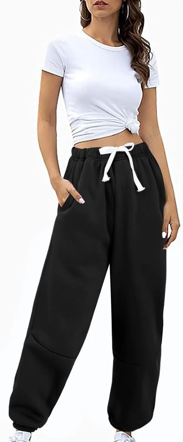 Fleece Lined Sweatpants Sherpa Cargo Pants Thermal High Waisted Joggers Cinch Bottom Drawstring Trousers with Pockets