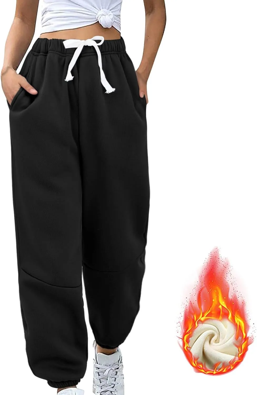 Fleece Lined Sweatpants Sherpa Cargo Pants Thermal High Waisted Joggers Cinch Bottom Drawstring Trousers with Pockets