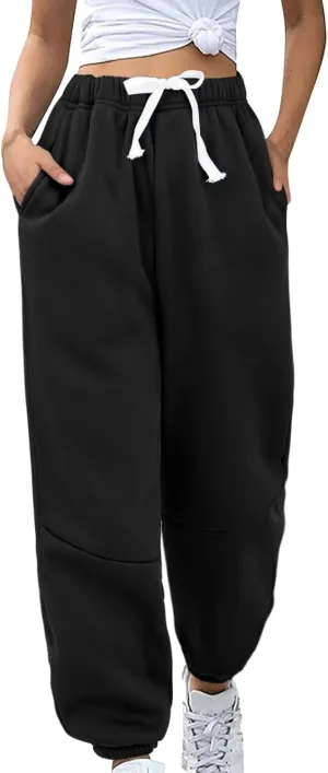 Fleece Lined Sweatpants Sherpa Cargo Pants Thermal High Waisted Joggers Cinch Bottom Drawstring Trousers with Pockets