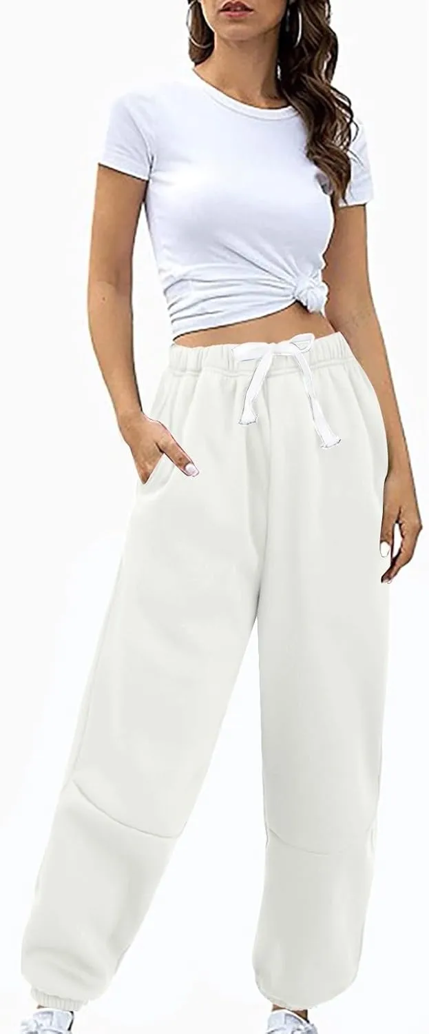 Fleece Lined Sweatpants Sherpa Cargo Pants Thermal High Waisted Joggers Cinch Bottom Drawstring Trousers with Pockets
