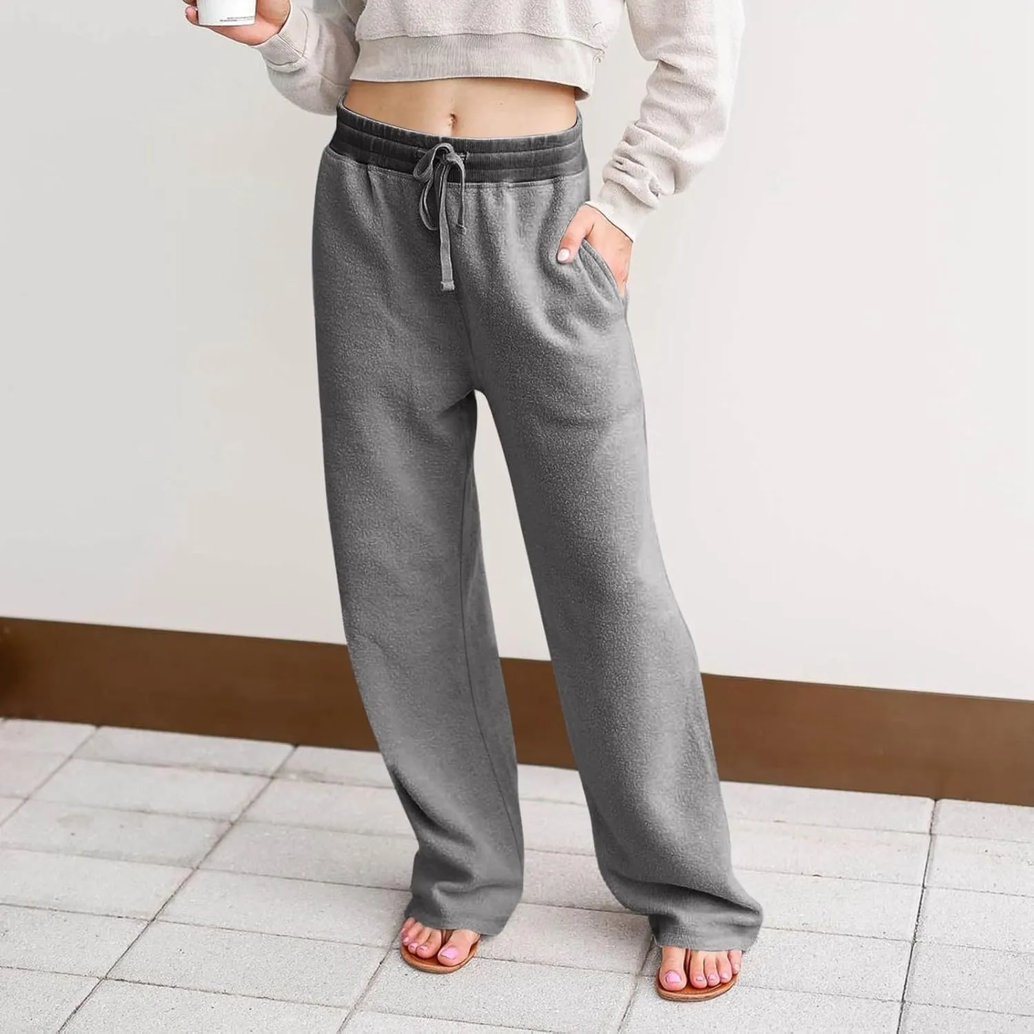 Fleece Lined Sweatpants Women Wide Leg Sweatpants Baggy Fleece Joggers Loose High Waisted Workout Lounge Pants