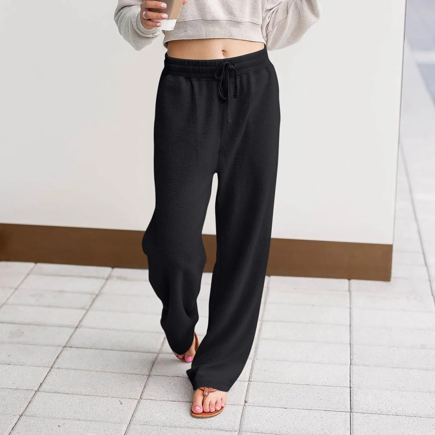 Fleece Lined Sweatpants Women Wide Leg Sweatpants Baggy Fleece Joggers Loose High Waisted Workout Lounge Pants