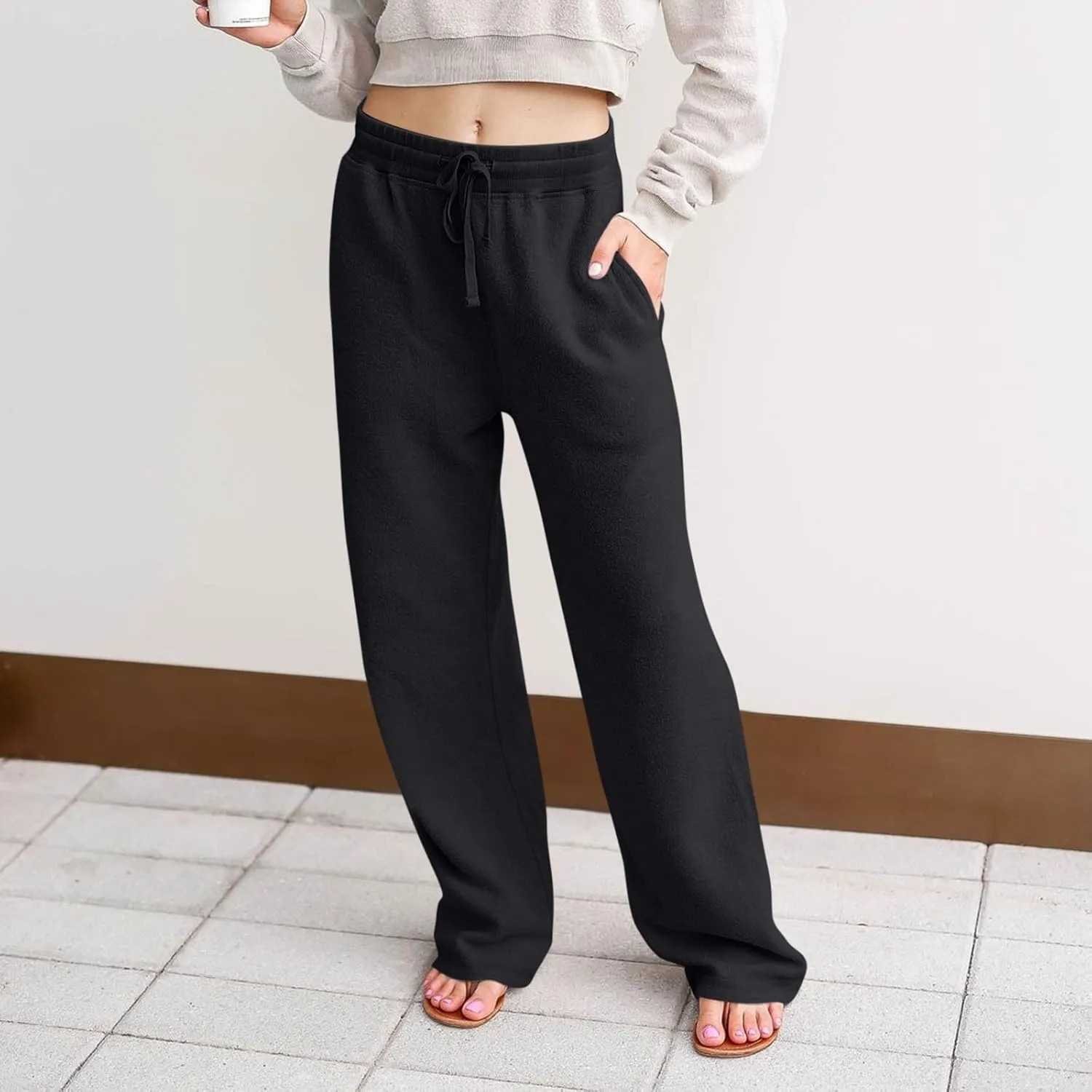Fleece Lined Sweatpants Women Wide Leg Sweatpants Baggy Fleece Joggers Loose High Waisted Workout Lounge Pants