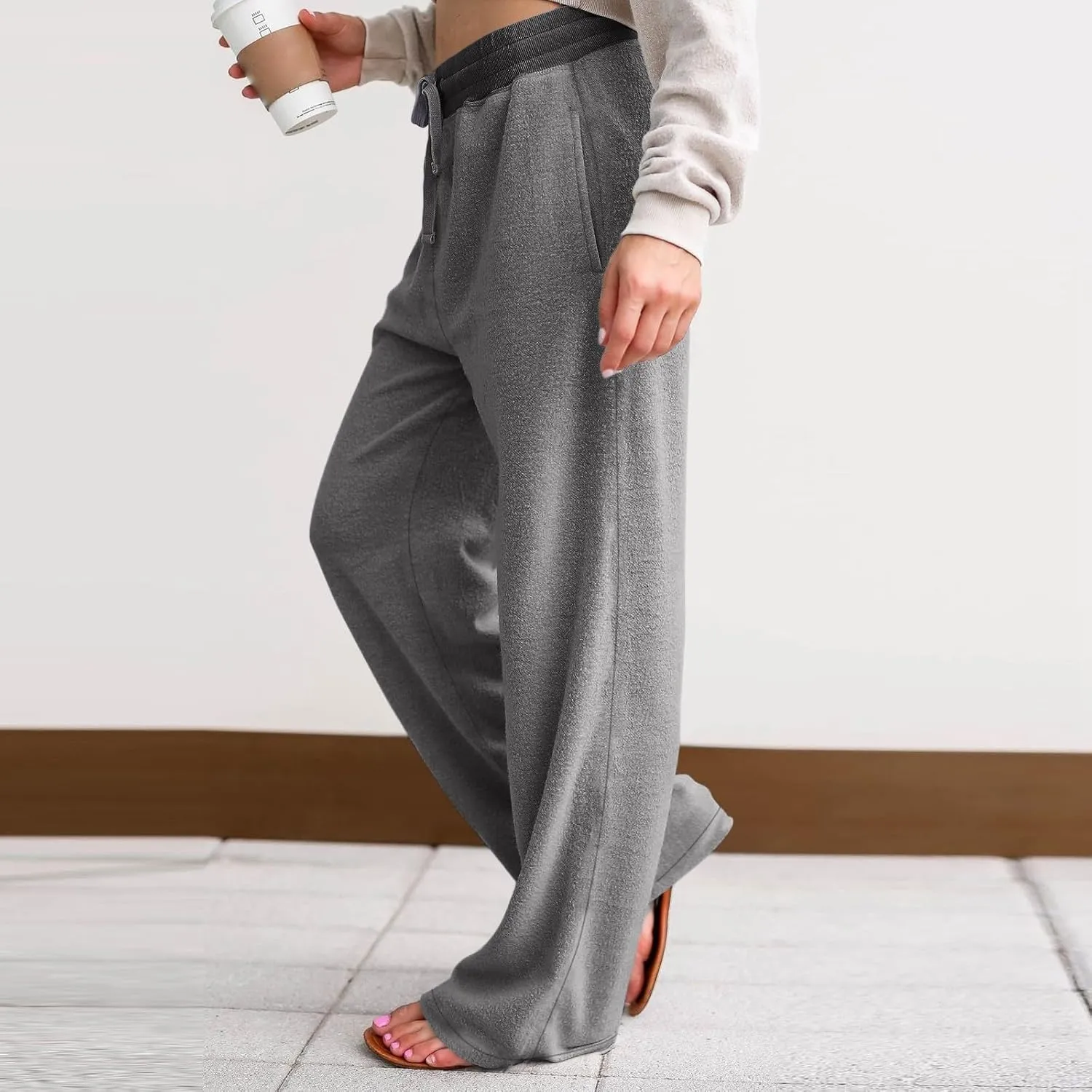 Fleece Lined Sweatpants Women Wide Leg Sweatpants Baggy Fleece Joggers Loose High Waisted Workout Lounge Pants