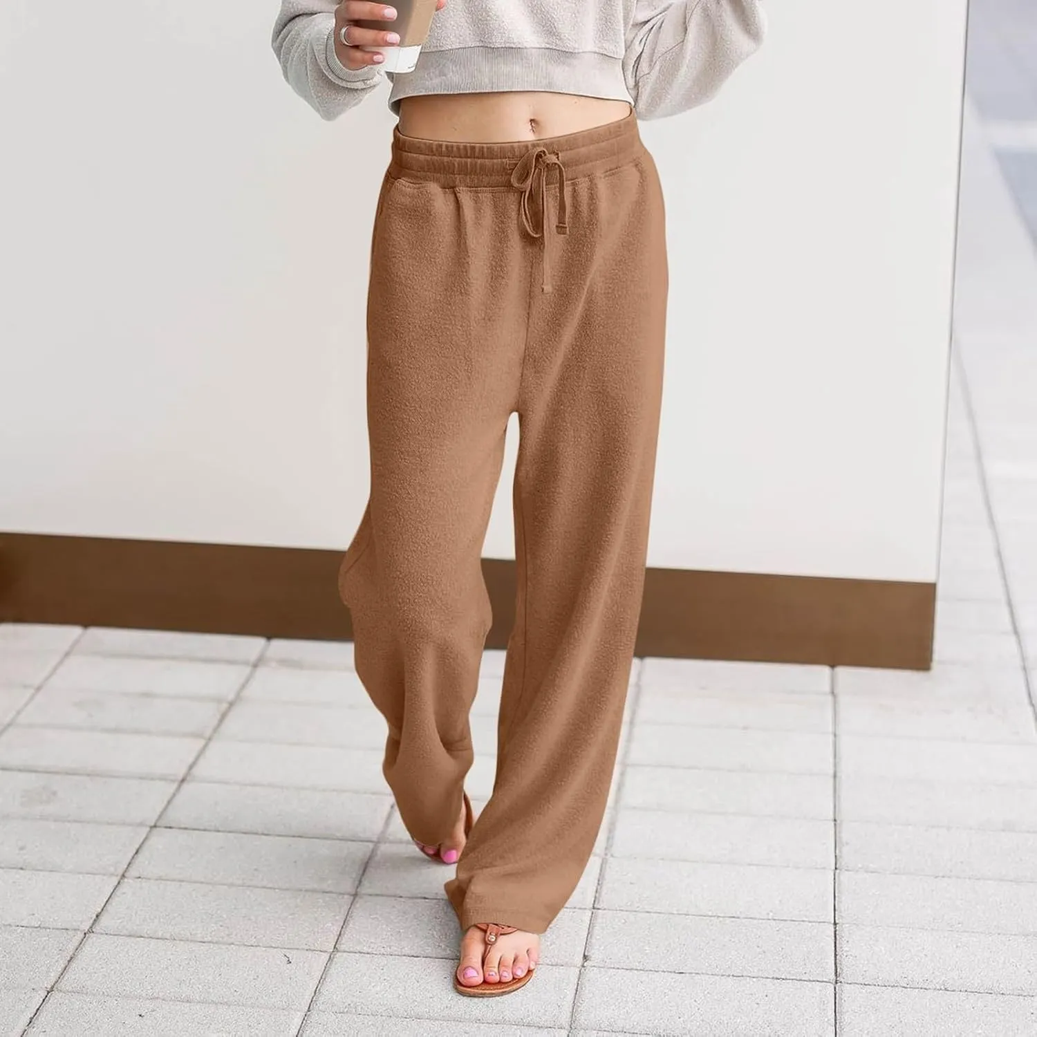 Fleece Lined Sweatpants Women Wide Leg Sweatpants Baggy Fleece Joggers Loose High Waisted Workout Lounge Pants