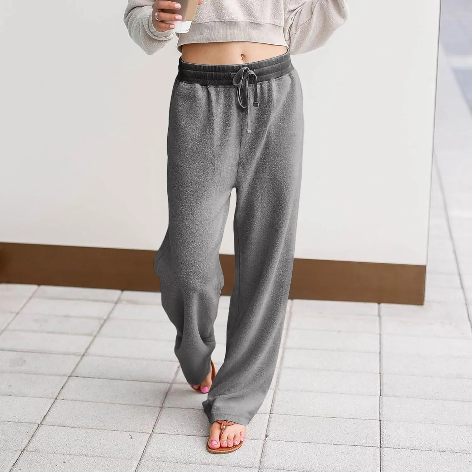 Fleece Lined Sweatpants Women Wide Leg Sweatpants Baggy Fleece Joggers Loose High Waisted Workout Lounge Pants