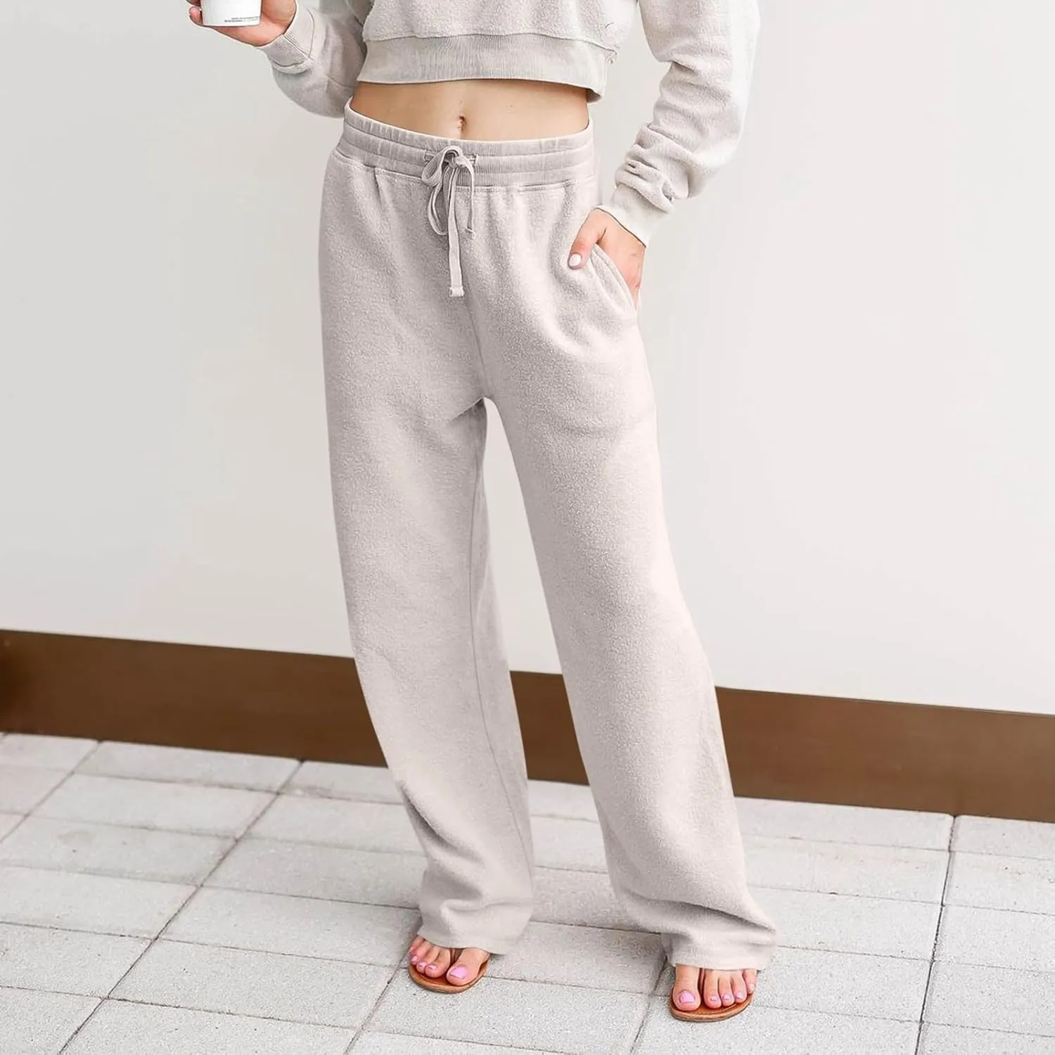 Fleece Lined Sweatpants Women Wide Leg Sweatpants Baggy Fleece Joggers Loose High Waisted Workout Lounge Pants
