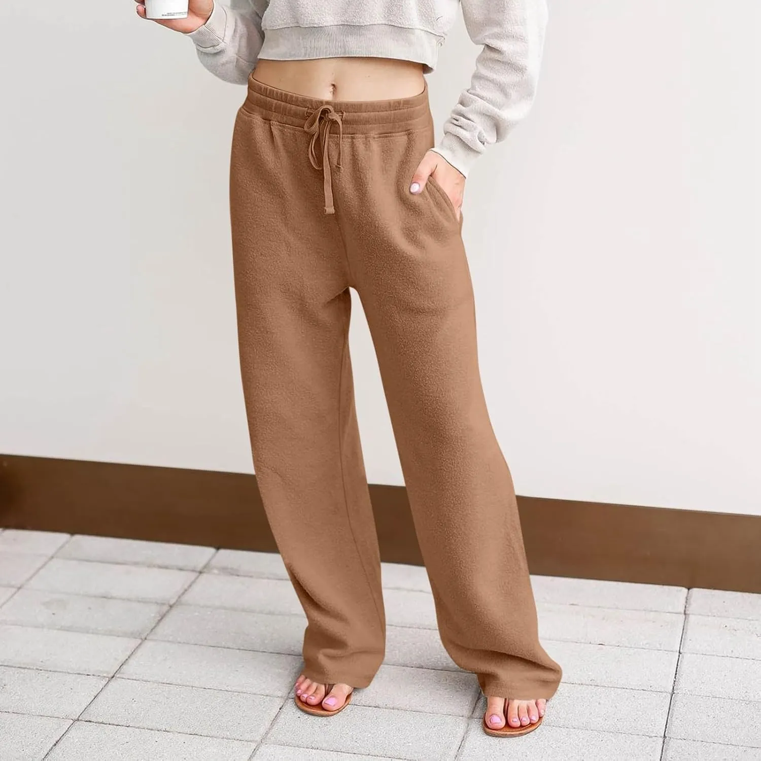 Fleece Lined Sweatpants Women Wide Leg Sweatpants Baggy Fleece Joggers Loose High Waisted Workout Lounge Pants
