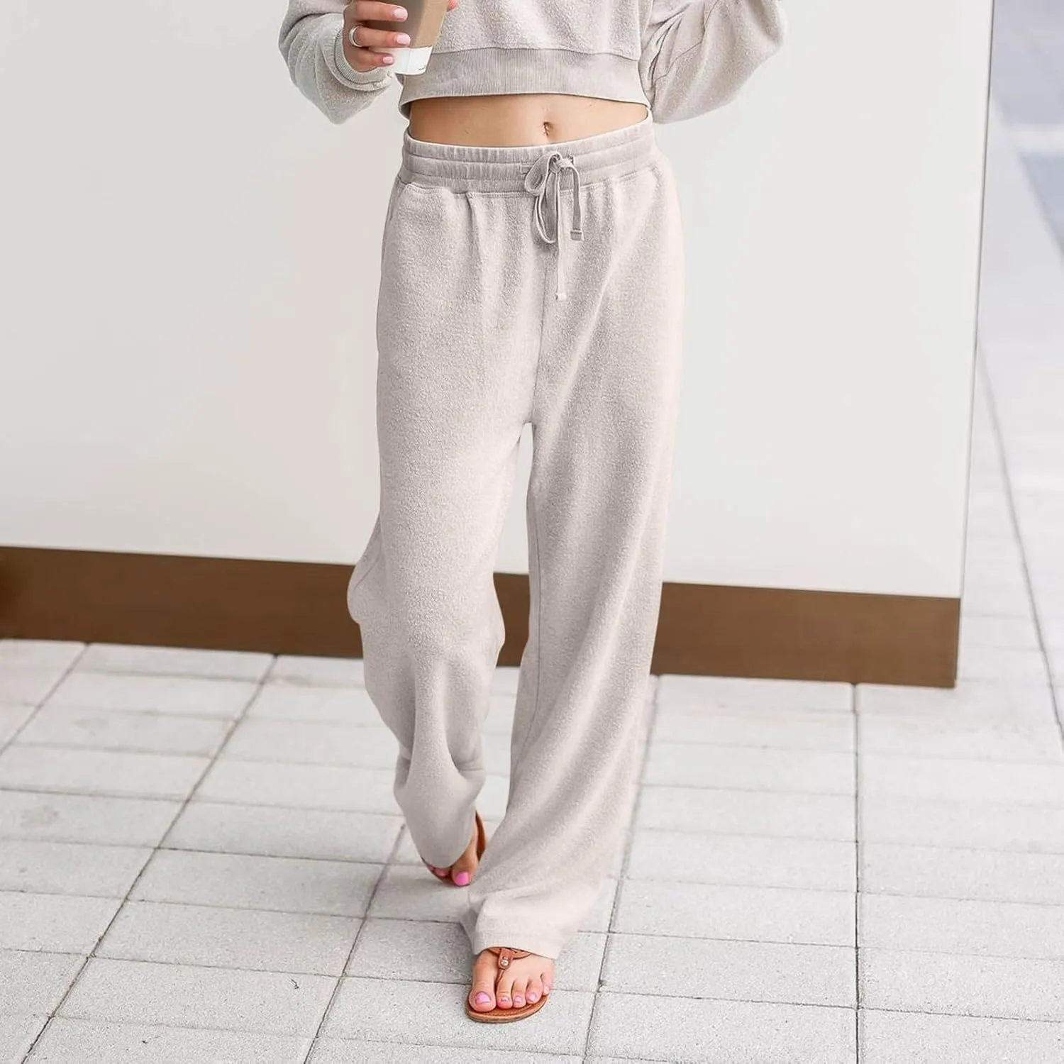Fleece Lined Sweatpants Women Wide Leg Sweatpants Baggy Fleece Joggers Loose High Waisted Workout Lounge Pants