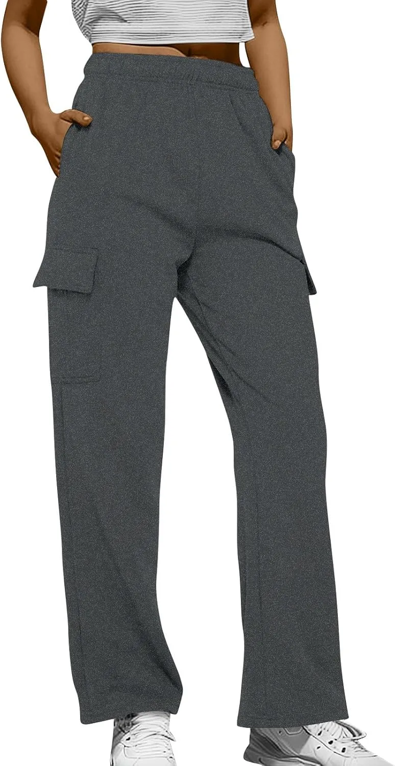 Fleece Wide Leg Sweatpants Women Baggy Casual Cargo Pants with Pockets Comfy High Waisted Drawstring Palazzo Pants