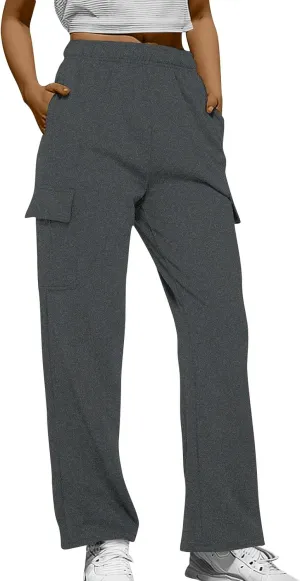 Fleece Wide Leg Sweatpants Women Baggy Casual Cargo Pants with Pockets Comfy High Waisted Drawstring Palazzo Pants