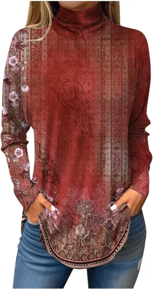 FlekmanArt Costumes for Women High Neck Long Sleeve Sweatshirts Printing Trendy Cute T Shirt Winter Casual Loose Outfits
