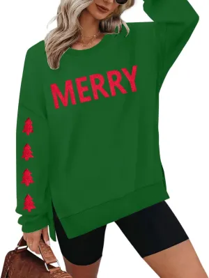 FRYAID Christmas Sweatshirts Women Funny Glitter Merry Xmas Tree Graphic Sweater Crewneck Side Slit Long Sleeve Pullover Top