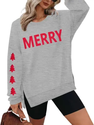 FRYAID Christmas Sweatshirts Women Funny Glitter Merry Xmas Tree Graphic Sweater Crewneck Side Slit Long Sleeve Pullover Top
