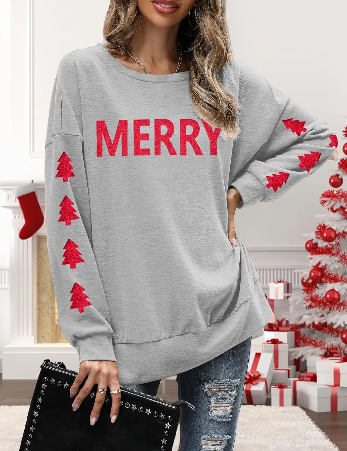 FRYAID Christmas Sweatshirts Women Funny Glitter Merry Xmas Tree Graphic Sweater Crewneck Side Slit Long Sleeve Pullover Top