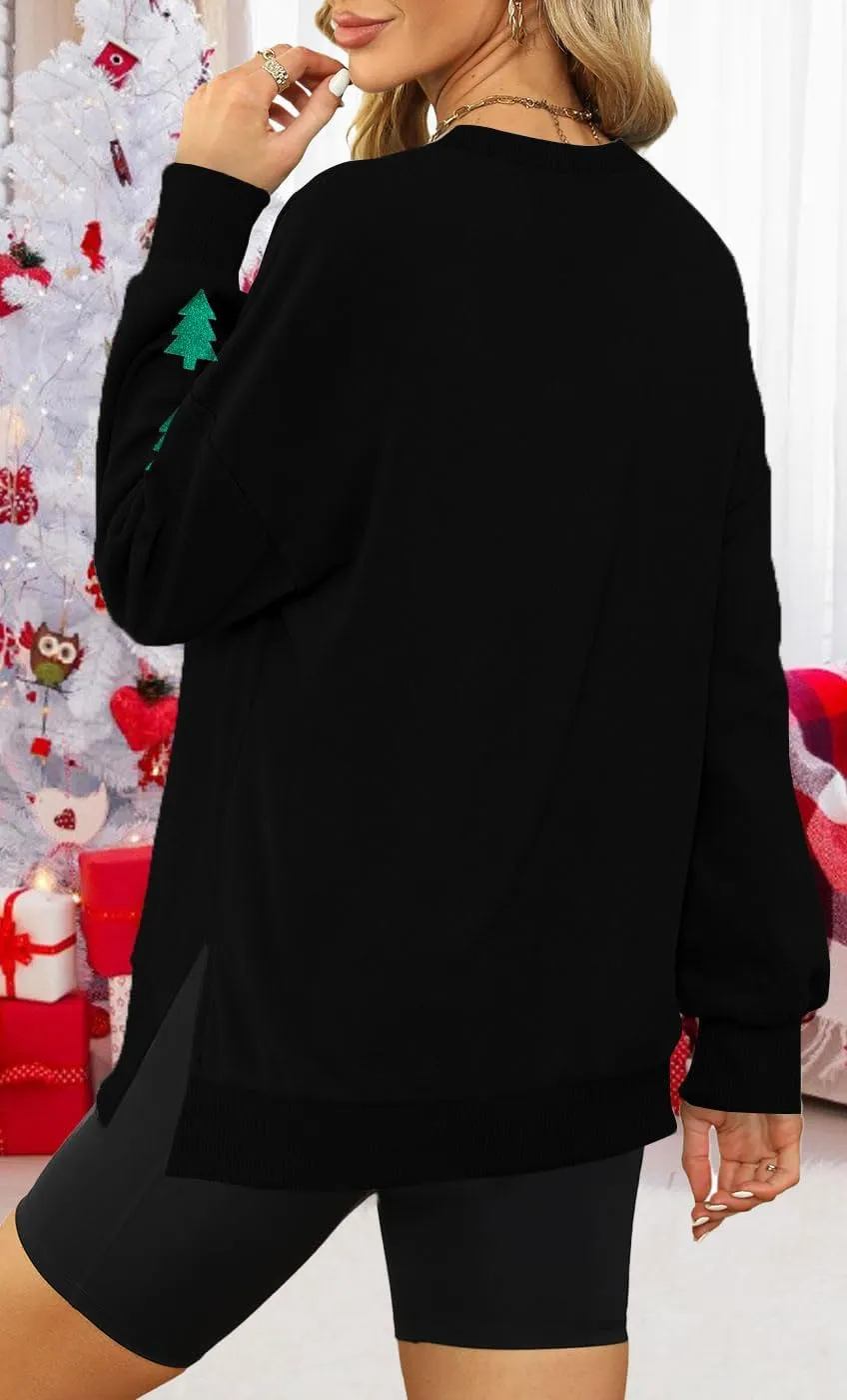 FRYAID Christmas Sweatshirts Women Funny Glitter Merry Xmas Tree Graphic Sweater Crewneck Side Slit Long Sleeve Pullover Top