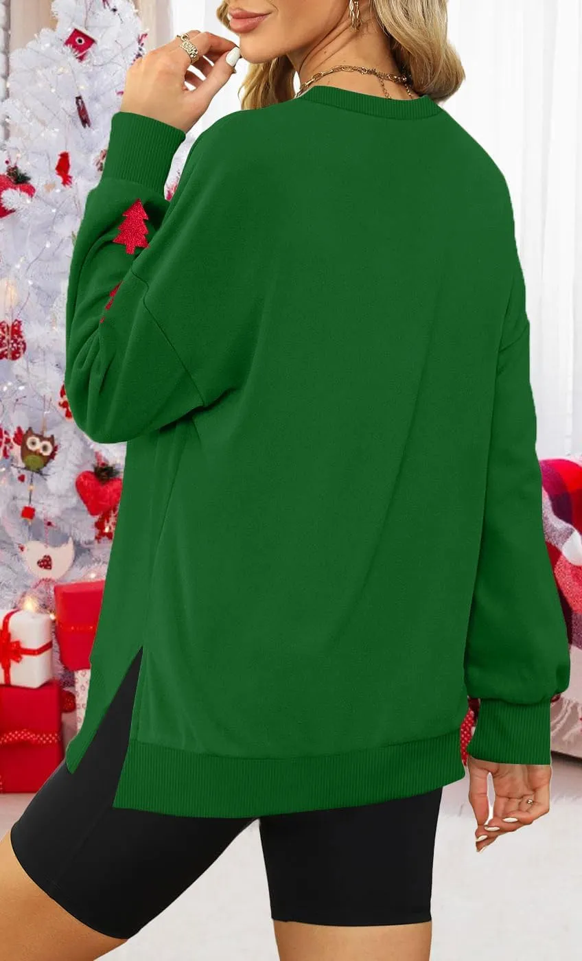 FRYAID Christmas Sweatshirts Women Funny Glitter Merry Xmas Tree Graphic Sweater Crewneck Side Slit Long Sleeve Pullover Top