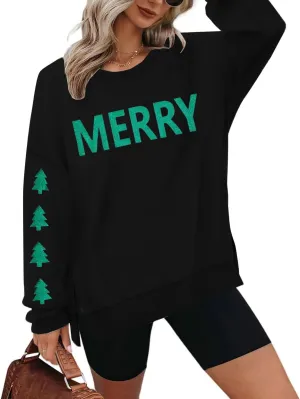 FRYAID Christmas Sweatshirts Women Funny Glitter Merry Xmas Tree Graphic Sweater Crewneck Side Slit Long Sleeve Pullover Top