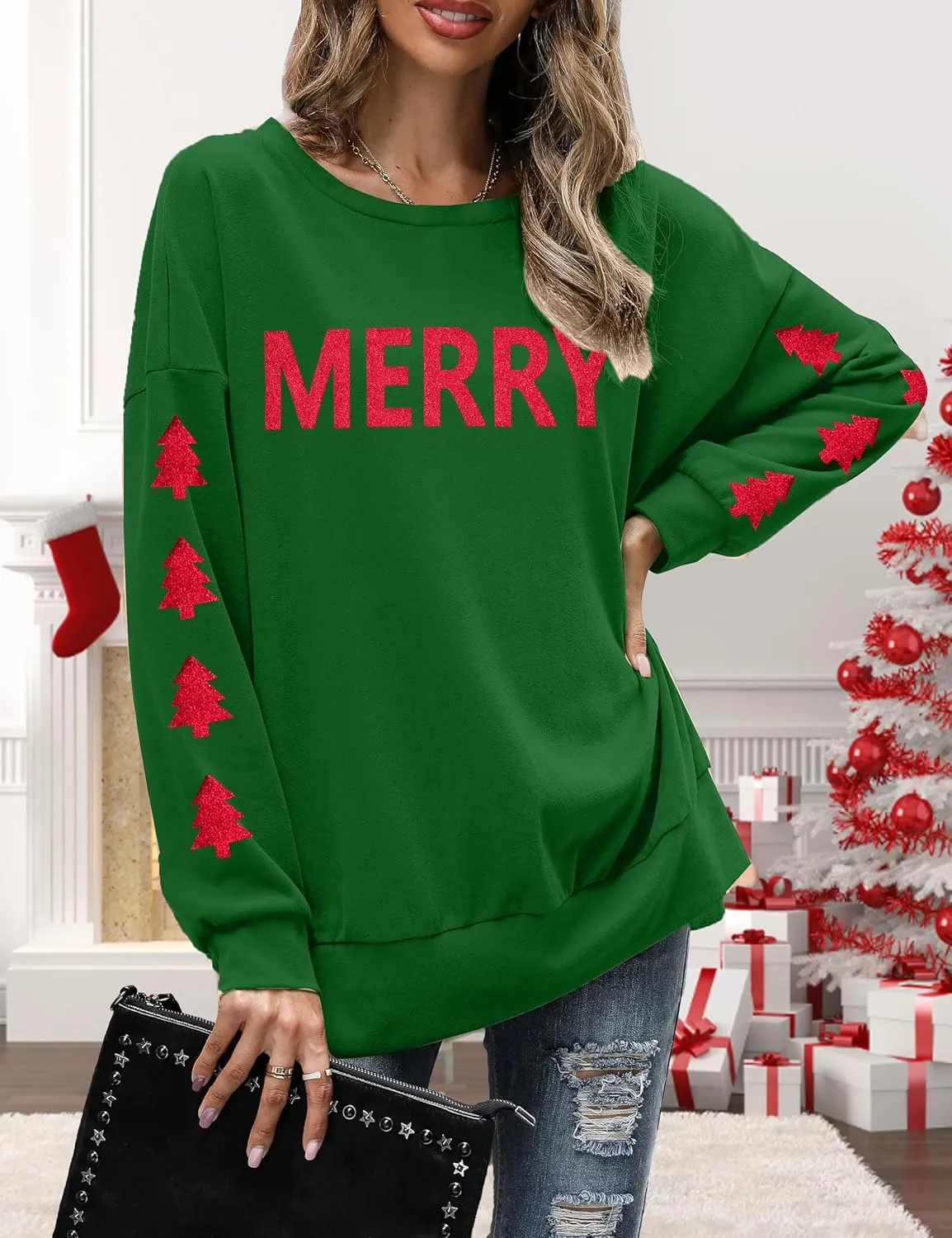 FRYAID Christmas Sweatshirts Women Funny Glitter Merry Xmas Tree Graphic Sweater Crewneck Side Slit Long Sleeve Pullover Top