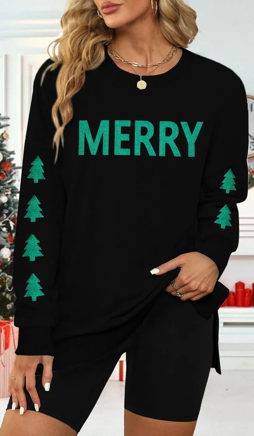 FRYAID Christmas Sweatshirts Women Funny Glitter Merry Xmas Tree Graphic Sweater Crewneck Side Slit Long Sleeve Pullover Top