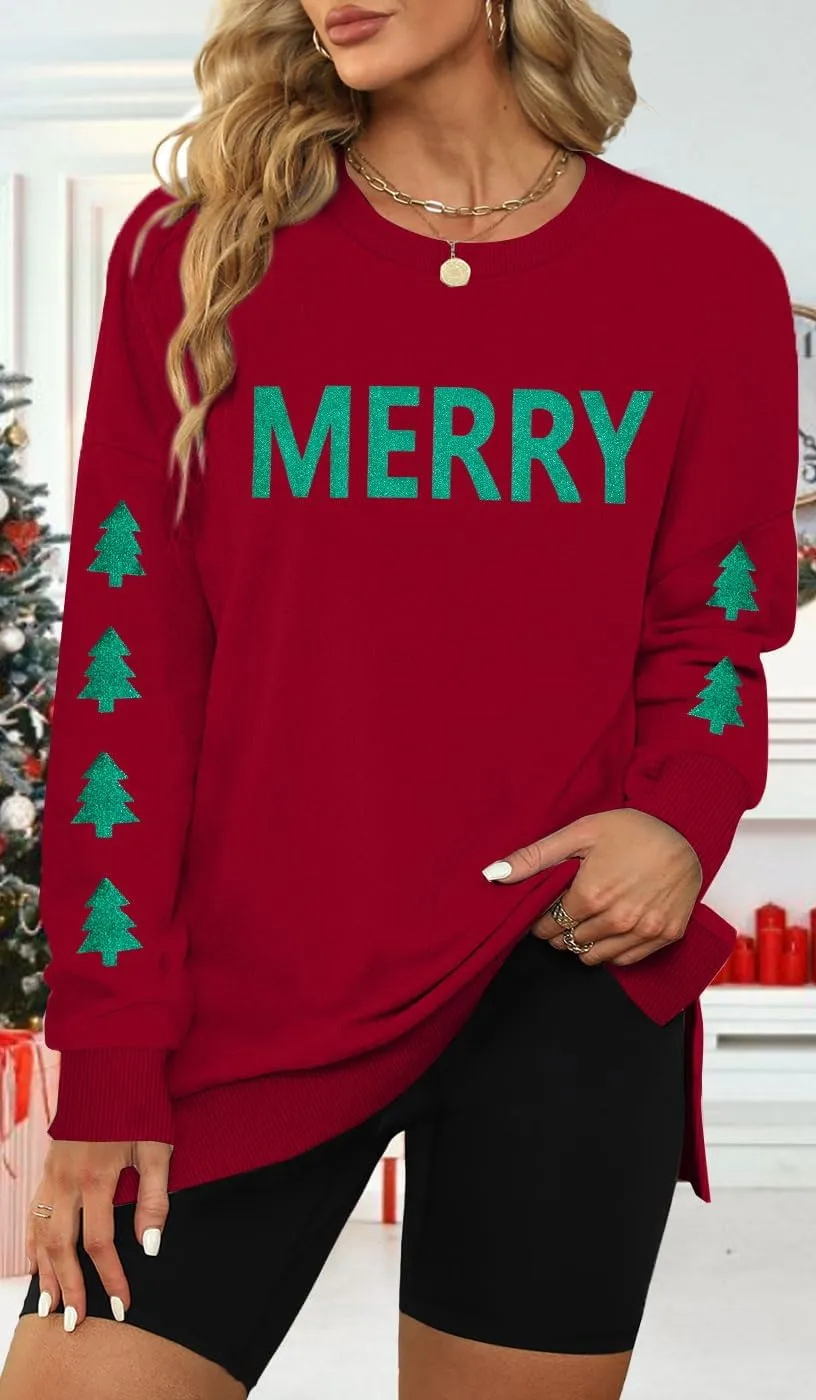 FRYAID Christmas Sweatshirts Women Funny Glitter Merry Xmas Tree Graphic Sweater Crewneck Side Slit Long Sleeve Pullover Top