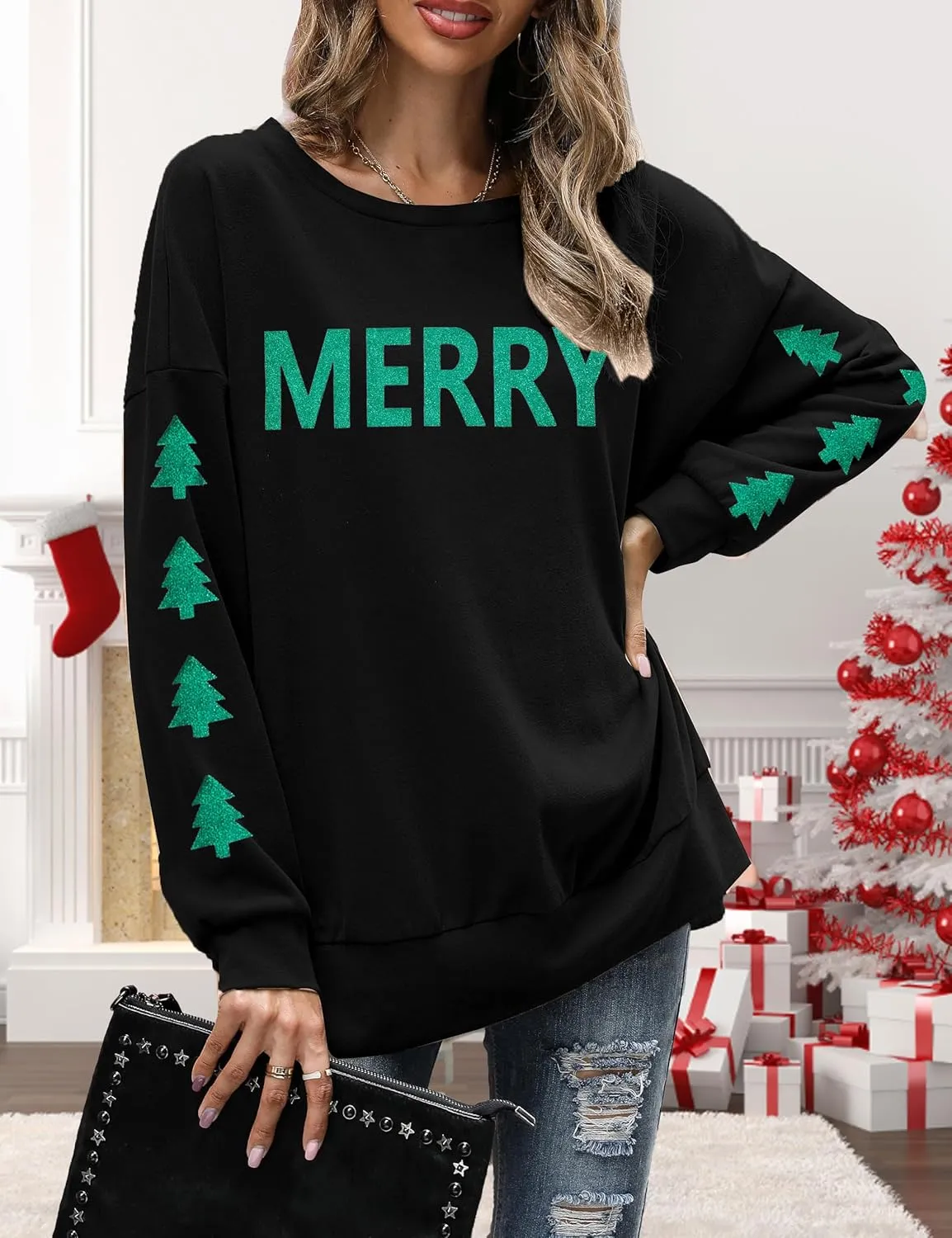 FRYAID Christmas Sweatshirts Women Funny Glitter Merry Xmas Tree Graphic Sweater Crewneck Side Slit Long Sleeve Pullover Top