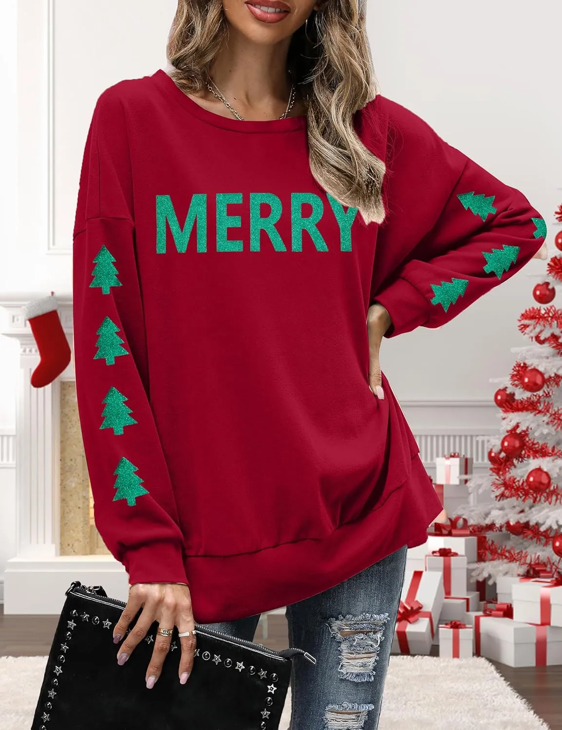 FRYAID Christmas Sweatshirts Women Funny Glitter Merry Xmas Tree Graphic Sweater Crewneck Side Slit Long Sleeve Pullover Top