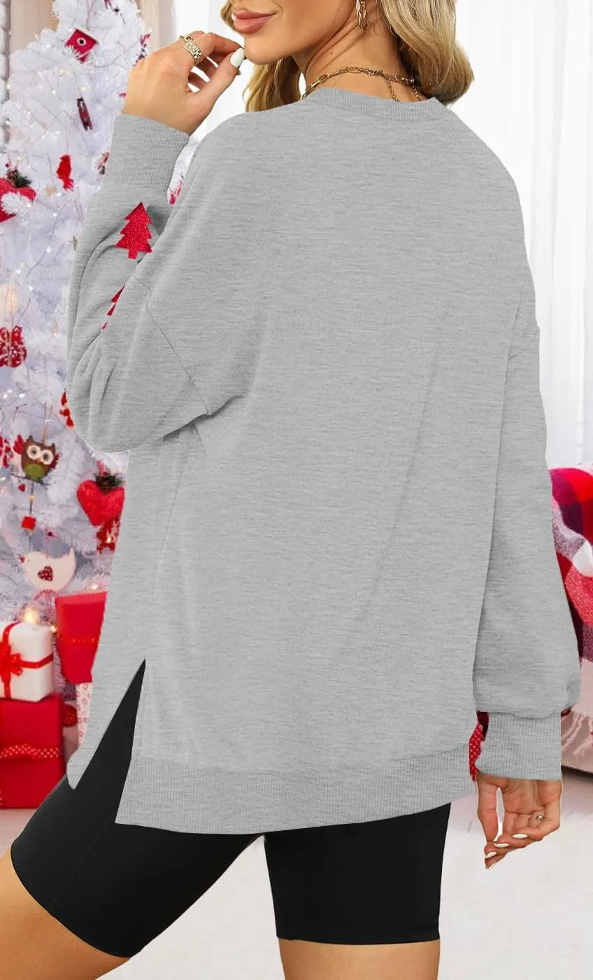 FRYAID Christmas Sweatshirts Women Funny Glitter Merry Xmas Tree Graphic Sweater Crewneck Side Slit Long Sleeve Pullover Top