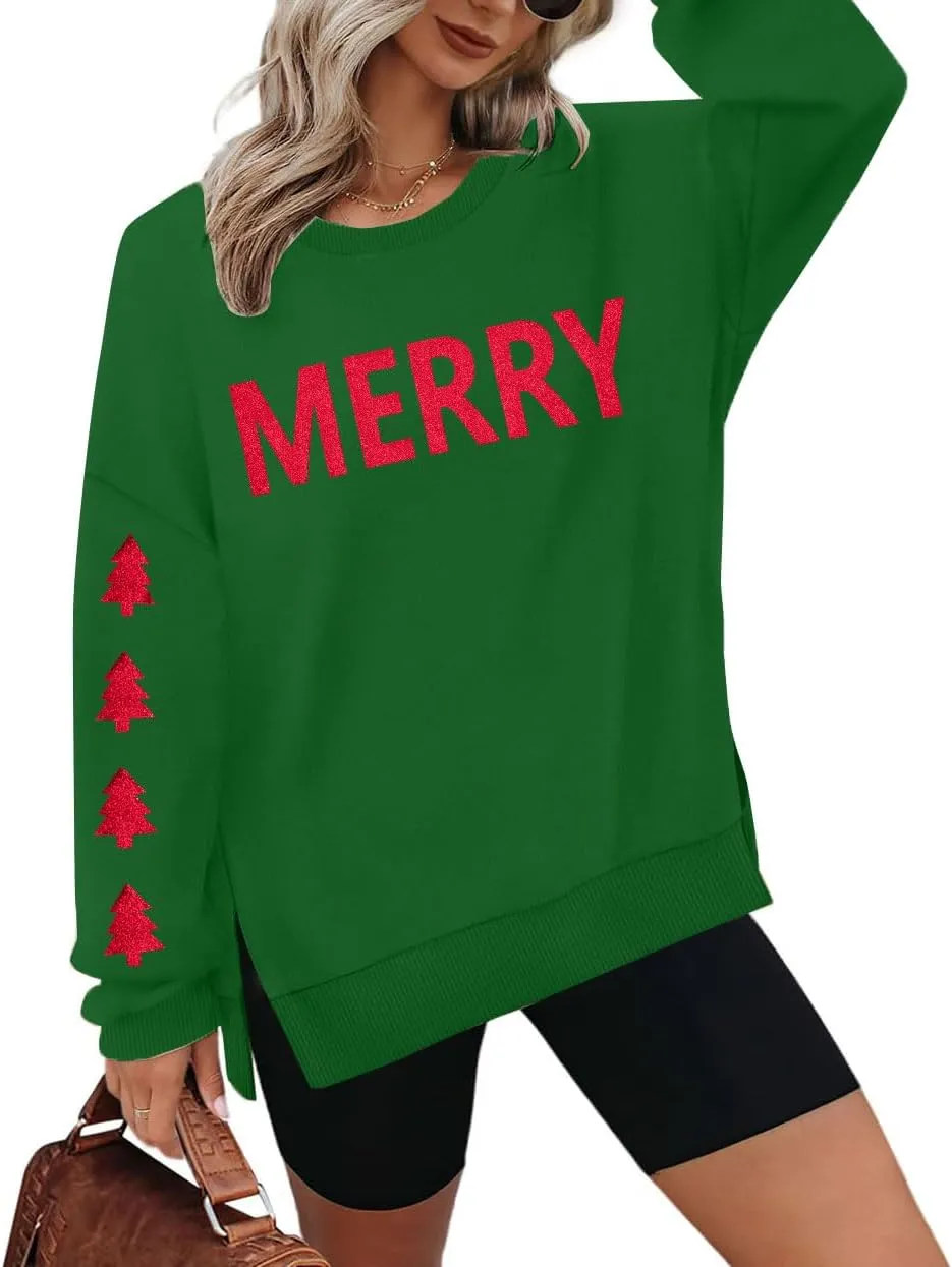 FRYAID Christmas Sweatshirts Women Funny Glitter Merry Xmas Tree Graphic Sweater Crewneck Side Slit Long Sleeve Pullover Top